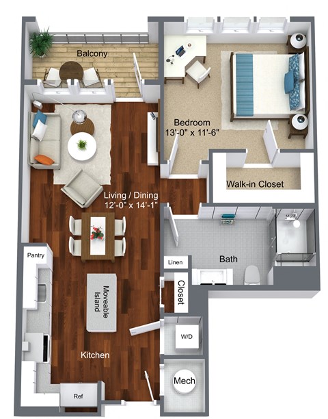 Floor plan for 1 bed, 1 bath, 743 sqft